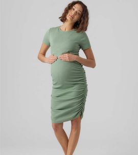Mama.licious Mamalicious Maternity 2 function nursing short sleeved ruched side midi dress in sage green