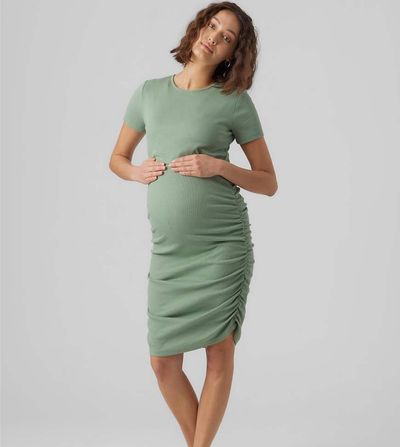 Mama.licious Mamalicious Maternity 2 function nursing short sleeved ruched side midi dress in sage green