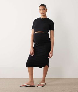 Mama.licious Mamalicious Maternity 2 pack basic jersey crop T-shirt and midi skirt set in black