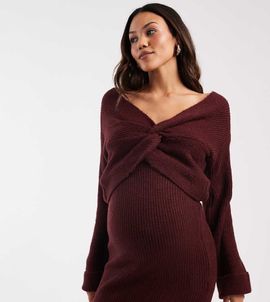 Mama.licious Mamalicious Maternity cropped knit twist front sweater in burgundy - part of a set-Red