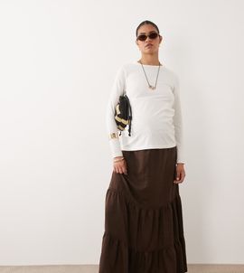 Mama.licious Mamalicious Maternity drawstring waist tiered boho maxi skirt in chocolate-Brown