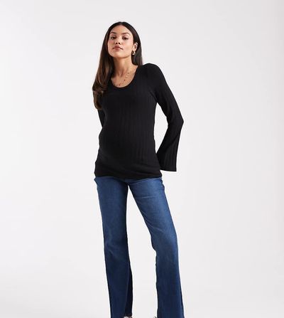 Mama.licious Mamalicious Maternity flared jeans with soft over the bump band in dark medium-blue wash