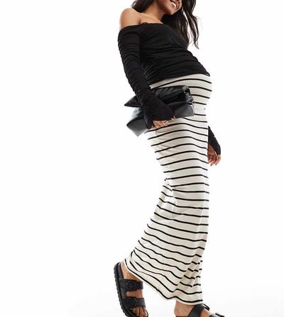 Mama.licious Mamalicious Maternity jersey over the bump maxi skirt in cream stripe-Neutral