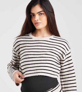 Mama.licious Mamalicious Maternity knit long sleeve cropped sweater in black and cream stripe - part of a set-White