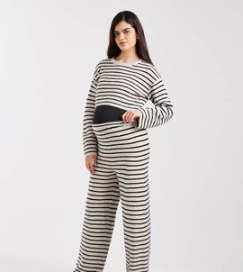 Mama.licious Mamalicious Maternity knit wide leg over the bump pants in black and cream stripe - part of a set-White