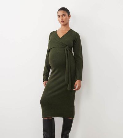 Mama.licious Mamalicious maternity knitted midi dress with knot front in dark green