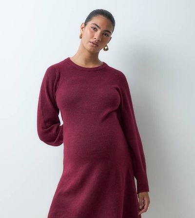 Mama.licious Mamalicious Maternity long sleeve knitted mini dress in burgundy-RED