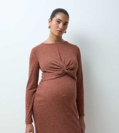 Mama.licious Mamalicious Maternity long sleeve knot front cropped top set in moss green melange
