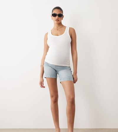Mama.licious Mamalicious Maternity over the bump basic longline denim shorts in light blue wash