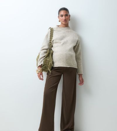 Mama.licious Mamalicious Maternity over the bump wide leg jersey pants in dark brown