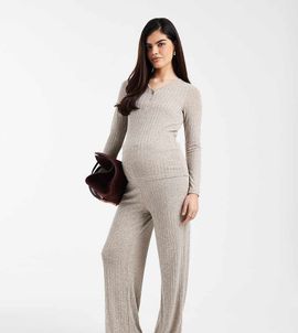 Mama.licious Mamalicious Maternity over the bump wide leg tie waist pants in khaki melange - part of a set-Green