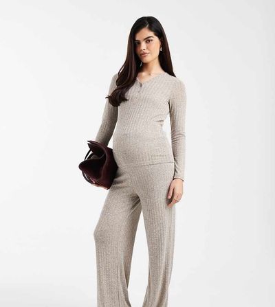 Mama.licious Mamalicious Maternity over the bump wide leg tie waist pants in khaki melange - part of a set-Green