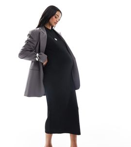 Mama.licious Mamalicious Maternity soft high neck ribbed long sleeved midi dress in black