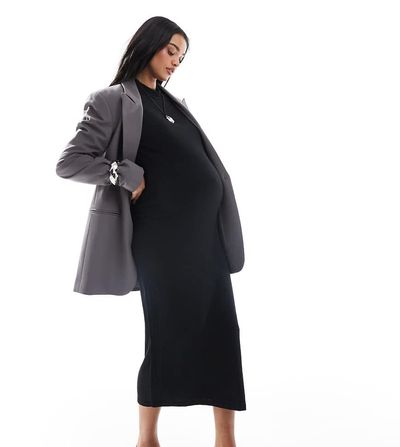 Mama.licious Mamalicious Maternity soft high neck ribbed long sleeved midi dress in black