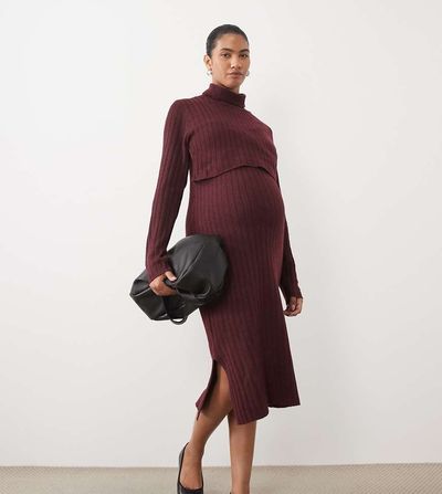 Mama.licious Mamalicious Maternity soft knitted rib midi dress with nursing function in burgundy melange-RED