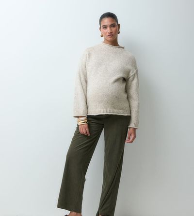 Mama.licious Mamalicious Maternity straight leg tie waist corduroy trouser in dark green