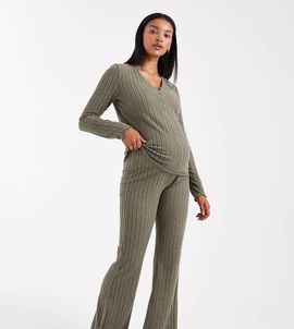 Mama.licious Mamalicious Maternity super soft rib knit flared pants in khaki - part of a set-Green