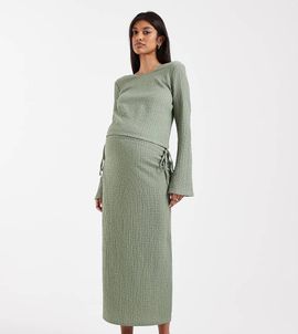 Mama.licious Mamalicious Maternity textured jersey tie waist midi skirt in khaki green - part of a set