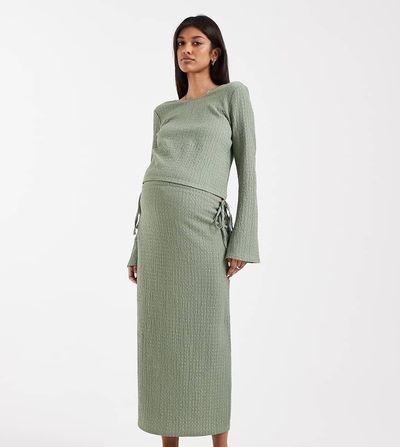 Mama.licious Mamalicious Maternity textured jersey tie waist midi skirt in khaki green - part of a set