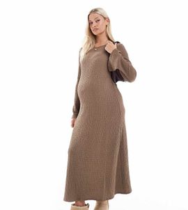 Mama.licious Mamalicious Maternity textured maxi dress with flared sleeve in taupe-Neutral