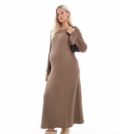 Mama.licious Mamalicious Maternity textured maxi dress with flared sleeve in taupe-Neutral