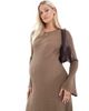 Mama.licious Mamalicious Maternity textured maxi dress with flared sleeve in taupe-Neutral - 4