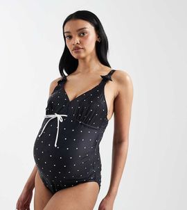 Mama.licious Mamalicious Maternity tie front swimsuit with nursing clip function in black polka dot print