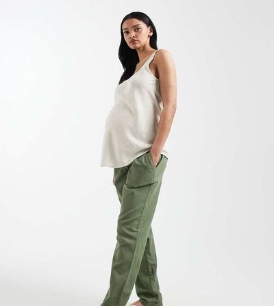 Mama.licious Mamalicious Maternity tie waist linen touch pants in khaki-Green