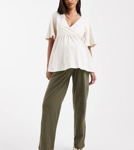 Mama.licious Mamalicious Maternity under the bump lightweight wide leg summer pants in dark khaki green