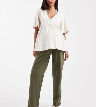 Mama.licious Mamalicious Maternity under the bump lightweight wide leg summer pants in dark khaki green