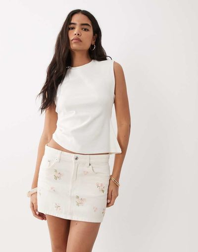 Mango Mango 100% cotton embroidered denim mini skirt in white