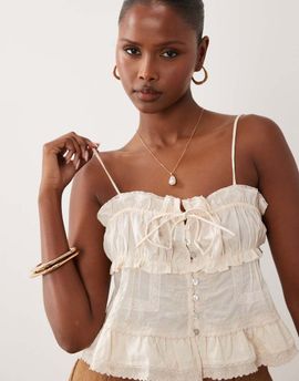 Mango Mango 100% cotton embroidered strappy cami top in beige-Neutral