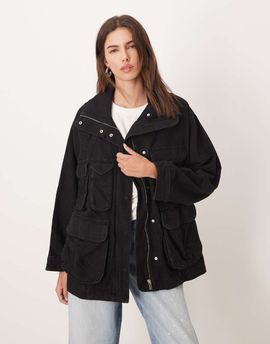 Mango Mango 100% cotton longline pocket detail jacket in black