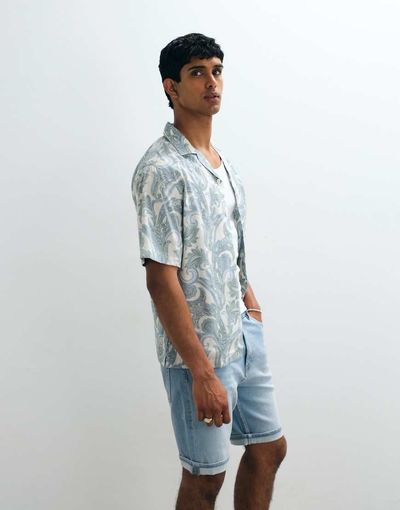 Mango Mango 100% cotton short sleeve paisly print shirt in pastel green