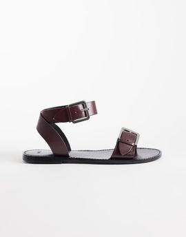 Mango Mango 100% leather buckle detailing flat sandals in chocolate-Brown