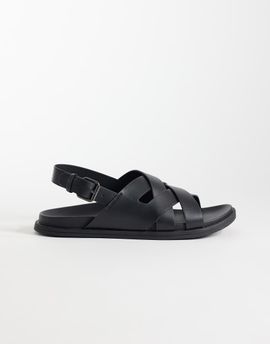 Mango Mango 100% leather cross strap design sandals with buckle detailing in black