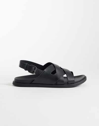 Mango Mango 100% leather cross strap design sandals with buckle detailing in black