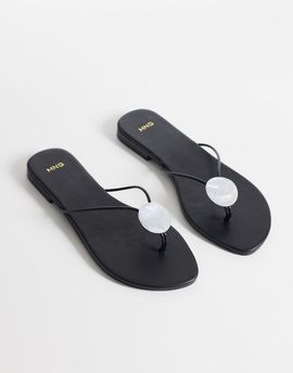 Mango Mango 100% leather flat sandals with pearl detail in black