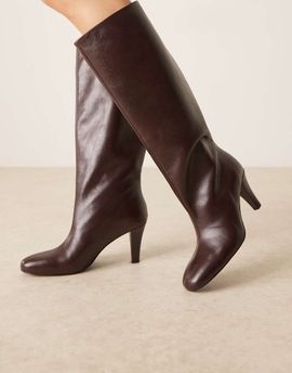 Mango Mango 100% leather heeled knee high boots in cherry red