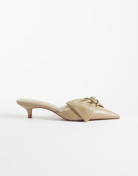 Mango Mango 100% leather oversized bow heeled mules in beige-Neutral
