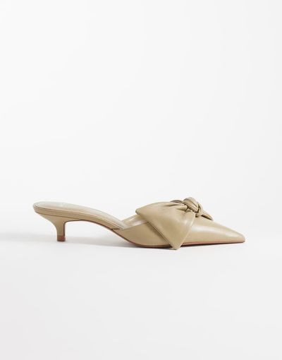 Mango Mango 100% leather oversized bow heeled mules in beige-Neutral