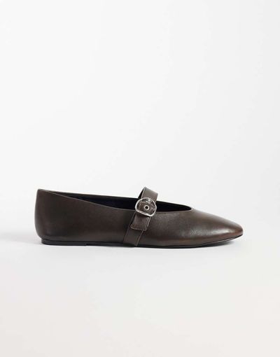 Mango Mango 100% leather strap detailing flats in brown