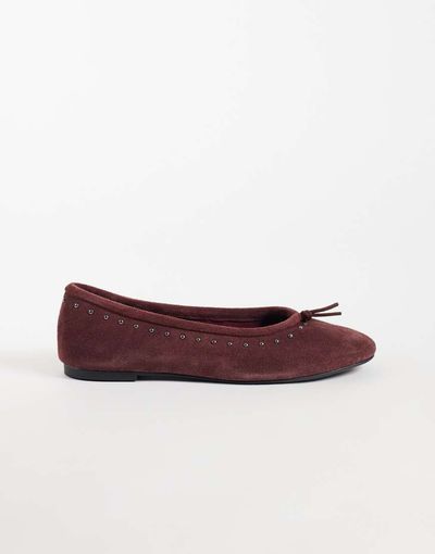 Mango Mango 100% leather studded ballet flats in burgundy-Red