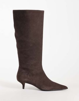 Mango Mango 100% leather suede kitten heeled knee high boot in chocolate-Brown