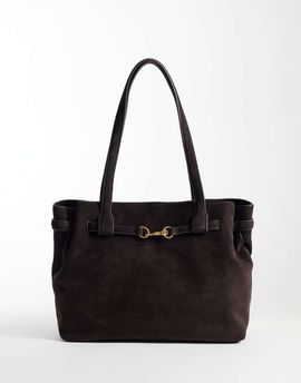 Mango Mango 100% leather suede tote bag with buckle detail in brown