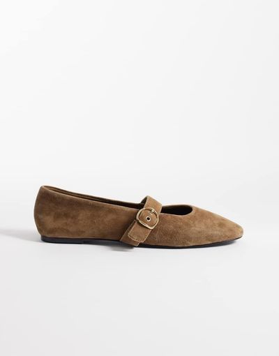 Mango Mango 100% suede buckle strap pumps in mocha-Brown