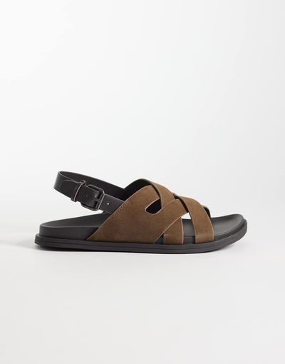 Mango Mango 100% suede cross strap design sandals with buckle detailing in brown