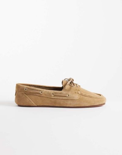 Mango Mango 100% suede leather boat shoes in sand-Brown