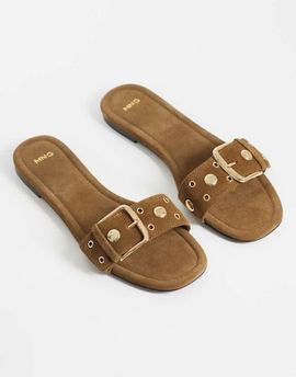 Mango Mango 100% suede leather buckle detail flat slides in tan-Brown