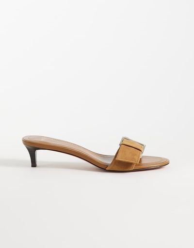Mango Mango 100% suede leather buckle detail kitten heeled mules in sand-Brown